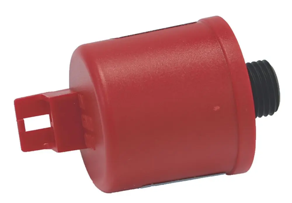 Roter Drucksensor von Syr mit einem Gewindeanschluss und einer elektrischen Verbindung auf der Seite, gekennzeichnet mit „IN“, „GND“ und „OUT“.